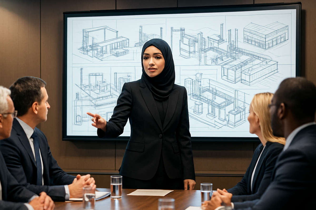 an arab woman explaining factory schematics to a boardroom 