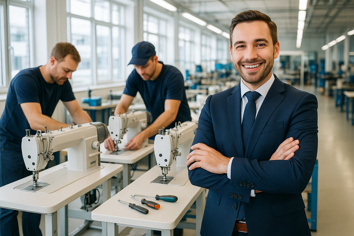 installing sewing machines seen by a happy business man