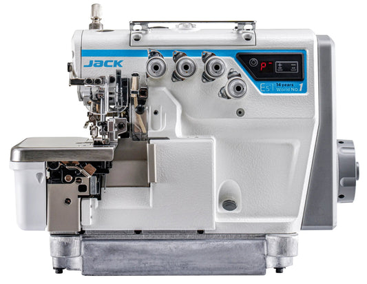 Jack E5S overlock sewing machine, front view with the E5 nameplate and speed keys