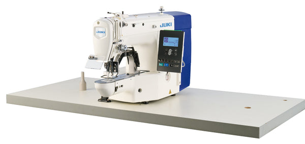 Juki LK-1900C bartacking machine on its table top, with the LCD panel on the side of the head
