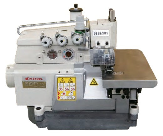 Pegasus LEFT HAND series overlock with its wide cloth plate on the right of the needle