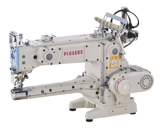 Pegasus FW803 feed-up-the-arm interlock machine, studio shot of the long-arm head with thread trimmer and presser foot lift