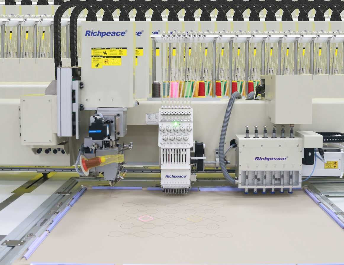 Rotary sewing head, 9-colour embroidery head and special hole punching head on the Richpeace Triple Combination Special